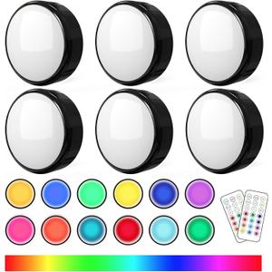 Puck Lights with Remote Control Battery Operated LED Push Lights Wireless, 13 Color RGB - for Closet, Bedroom Wall, Under Cabinet, Battery Powered ambient lighting. Convenient 3M Stick On, Black 6Pcs