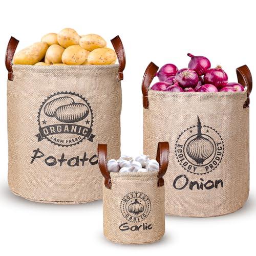 Kamehame Potato and Onion Storage Baskets Pack of 2, Lined Burlap Pantry Storage Bins for Potato Onion  with Handles