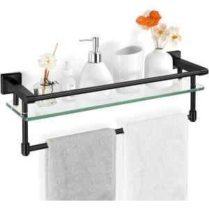 20-inch Glass Shelf with Towel bar, Matte Black-Finished Rail, Rectangular Stainless Steel Shelf, Wall-Mounted Storage Rack, 20-inch with Railing