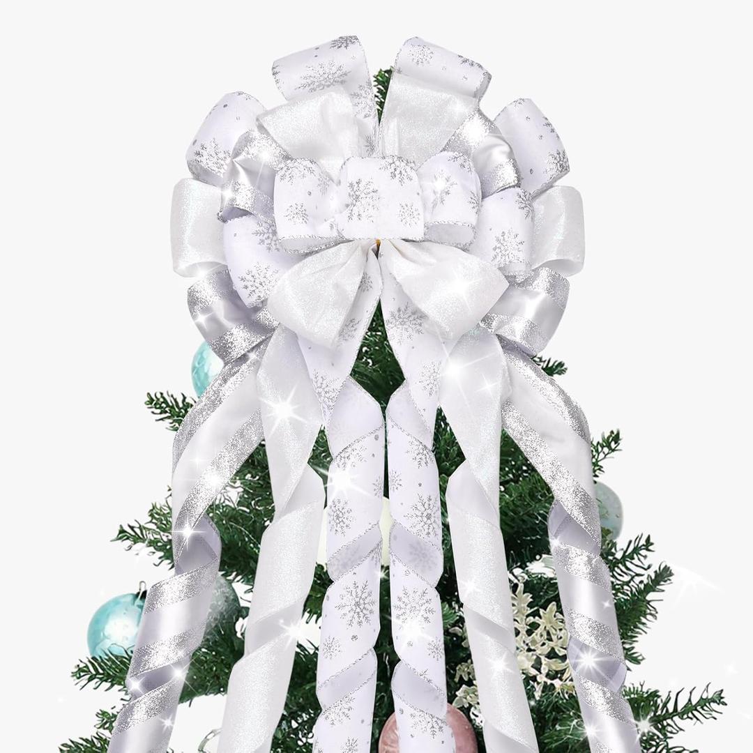 Christmas Tree Topper White - 53x13 inch White Tree Topper Bow with Streamers Silver Snowflake Tree Topper Bow Xmas Tree Home Decor