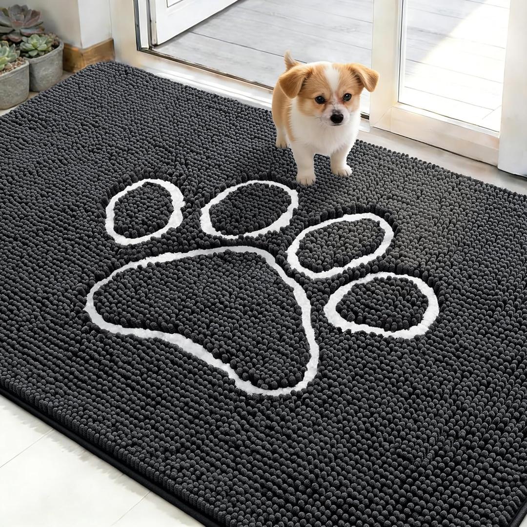 OLANLY Dog Door Mat for Muddy Paws 48x30, Paw Print Design, Absorbs Moisture and Dirt, Absorbent Non-Slip Washable Doormat, Quick Dry Chenille Mud Mat for Dogs, Entry Indoor Entryway Carpet, Dark Grey