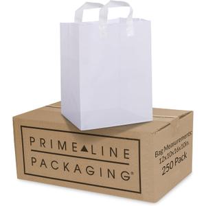 Prime Line Packaging White Plastic Bags, Shopping Gift Bags with Handles for Small Business, Grocery, Food Service, Take Out, Delivery, Retail, Bulk, 12x10x16, 250 Pack