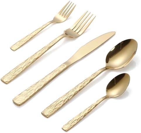 TENCDORS 40 PCS Stainless Steel Flatware Set Hammered Silverware Set Hand Forged Gold Cutlery Handle Mirror Water Flow Pattern Home Event Use Wedding Housewarming Gift Service for 8, Dishwasher Safe