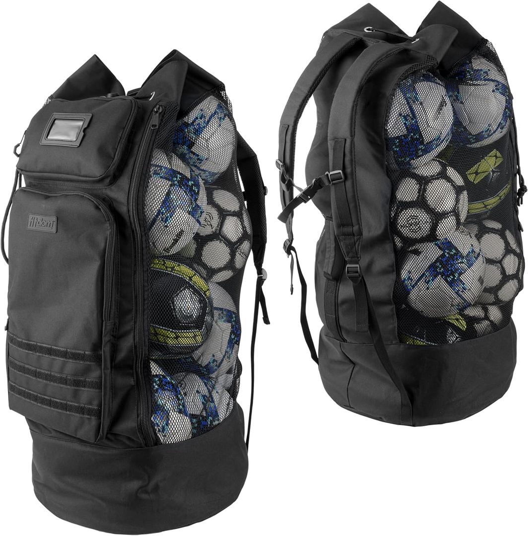 Fitdom Heavy Duty XL Soccer Mesh Equipment Ball Bag w/Adjustable Backpack Shoulder Strap Design for Coach. 2 Different Size Front Pockets for Sporting Accessories.