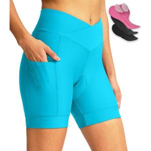 Women's Bike Shorts 4D Padded Cycling Shorts Crossover Waist Biking Shorts with Pockets Bicycle Riding (Medium)