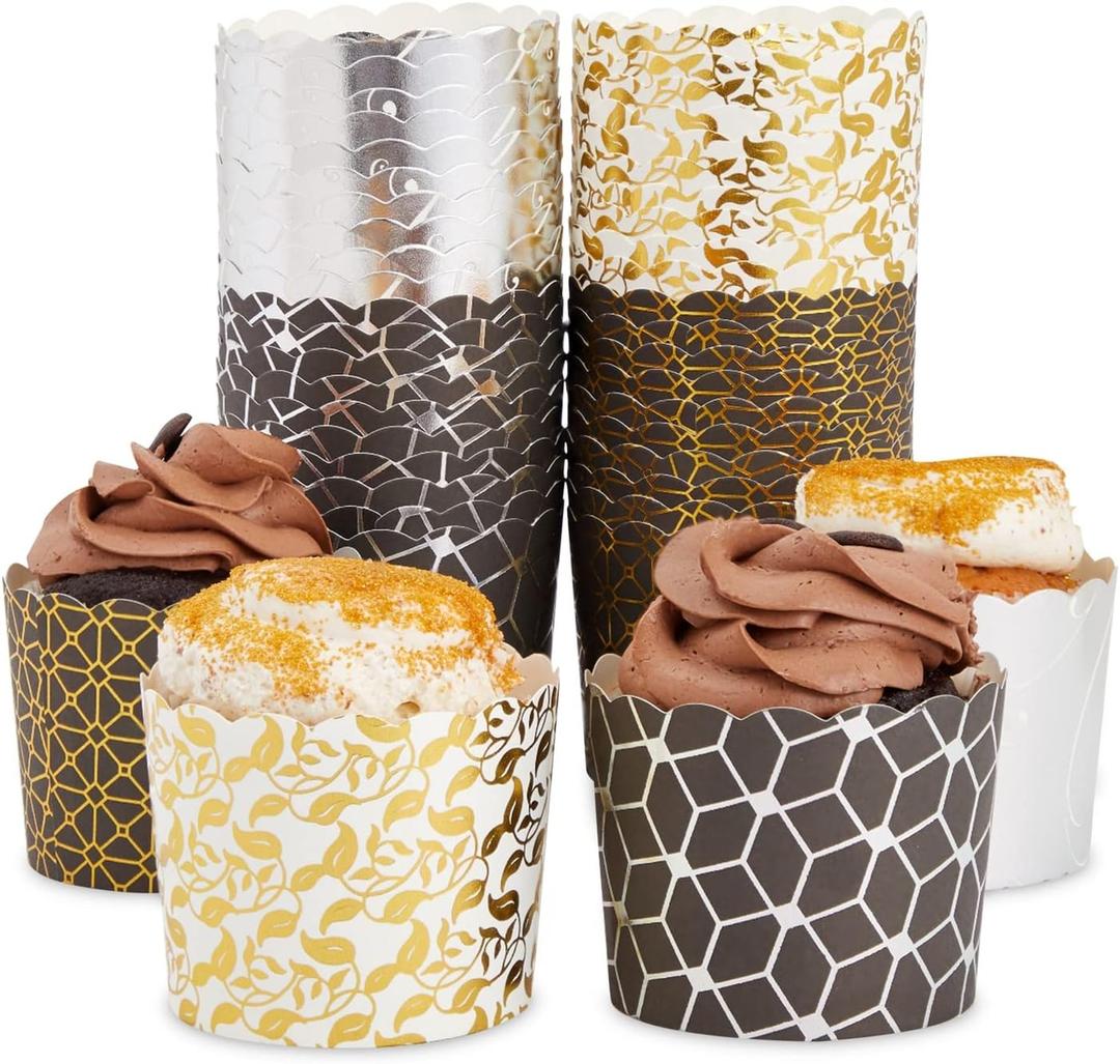 Paquete de 50 envoltorios para magdalenas, taza de papel para hornear magdalenas para fiesta de cumpleaos, color dorado y plateado