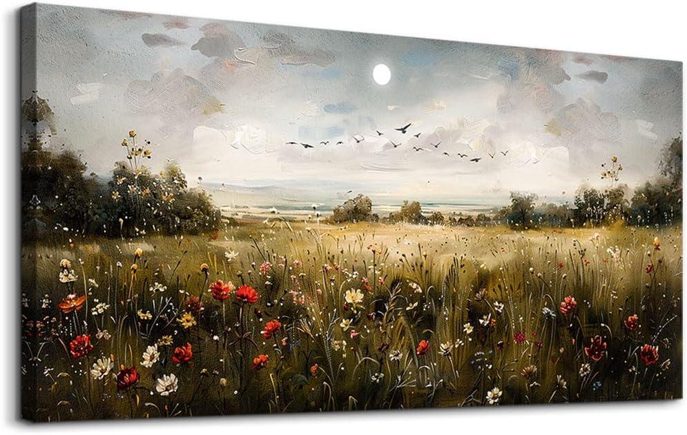 Wapluam Wall Decor For Living Room Canvas Wall Art For Bedroom Wildflower Field Vintage Wall Art Canvas Prints Paintings Farmhouse Artworks Pictures Modern Bathroom Aesthetic Home Wall Decor 40"X20"