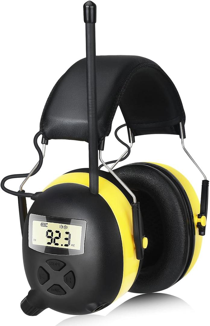 BJKing AM/FM Radio Headphones with Digital Display, 30dB AM FM Hearing Protection Safety Ear Muff, Ear Protection Headphone for Mowing, Landscaping, Shooting and Construction Black-Yellow