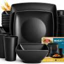 Teivio 24-piece Plastic Wheat Straw Square Dinnerware Set for 6, Unbreakable Dinner Plates, Salad Plates, Snack Bowls, Tumblers 13.5 oz, Dishwasher Safe, Outdoor Kitchen RV Dishes, Black