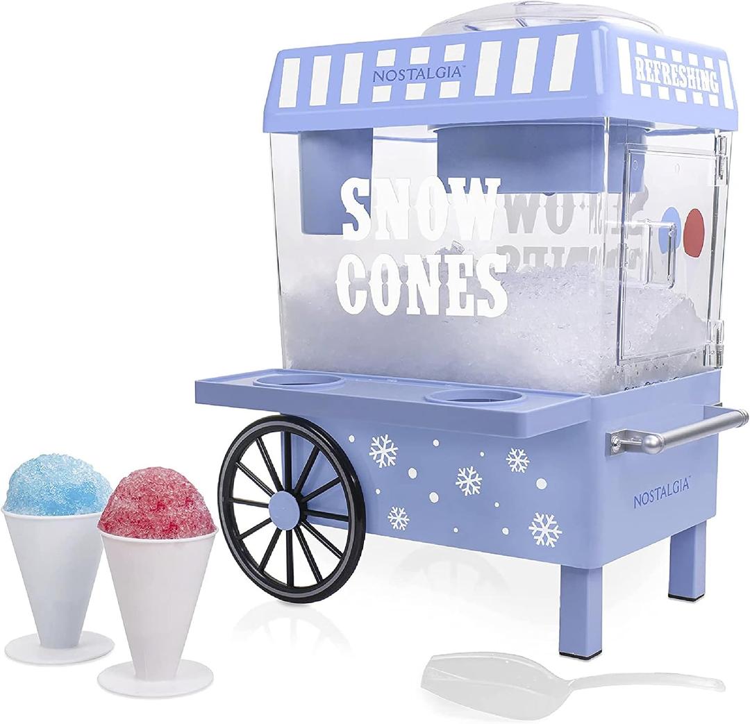 Nostalgia Snow Cone Machine – Retro Table-Top 8 Oz Snow Cone Maker Makes 20 ICY Treats– Countertop Slushie Machine Includes 2 Reusable Plastic Cups & Ice Scoop-Vintage Blue