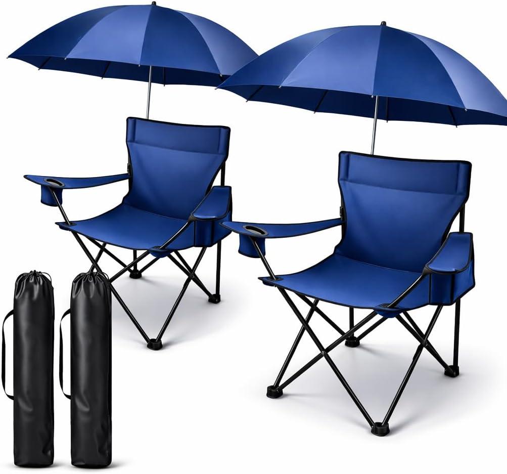 2 Pack Portable Folding Camping Chairs with Adjustable Umbrella, Outdoor Canopy Chairs with Cup Holder, Lightweight Beach Chairs for Fishing, Sports Events & Lawn (Dark Blue), 22 inches x 37 inches x 31 inches