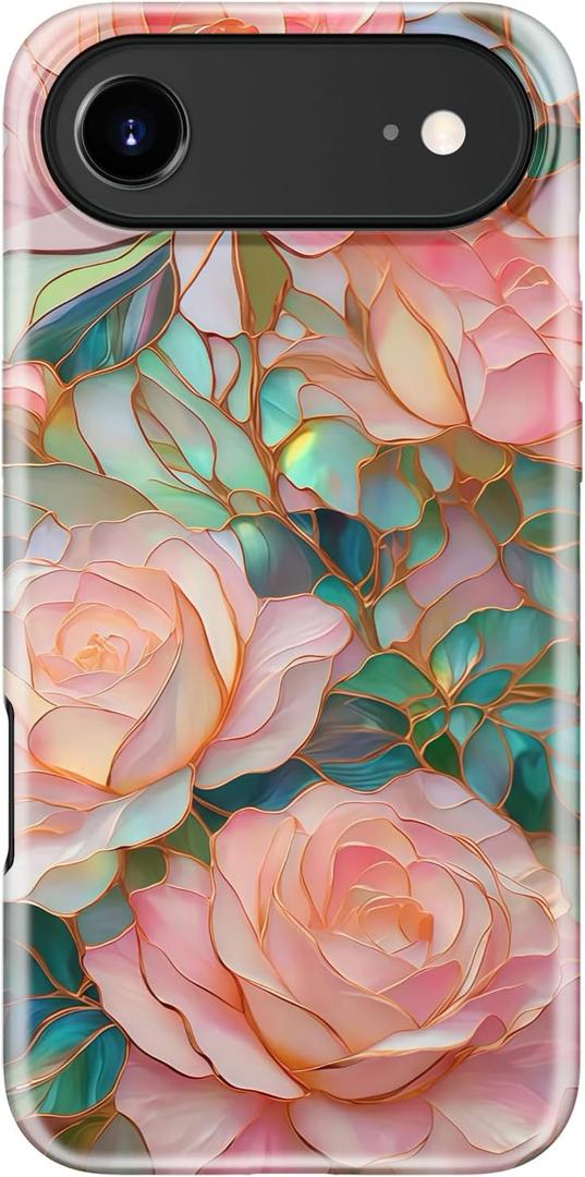 for iPhone Air Case Cute - Wireless Charging Compatible - Dual-Layer Hard Shell + Silicone Cover - Aesthetic Protective Trendy Phone Case for iPhone 17 Air - Blooming Pink Rose