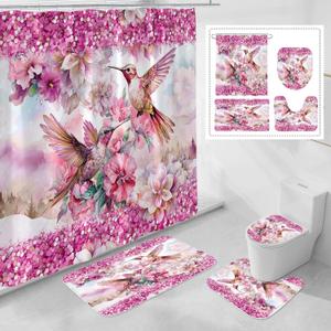 Litabel 4 Pcs Pink Hummingbird Flower Shower Curtain Set with Rugs for Bathroom Decor, Rustic Floral Bathroom Sets with Shower Curtain and Rugs, Bathroom Curtain Set with Mats (Hooks Not Included)