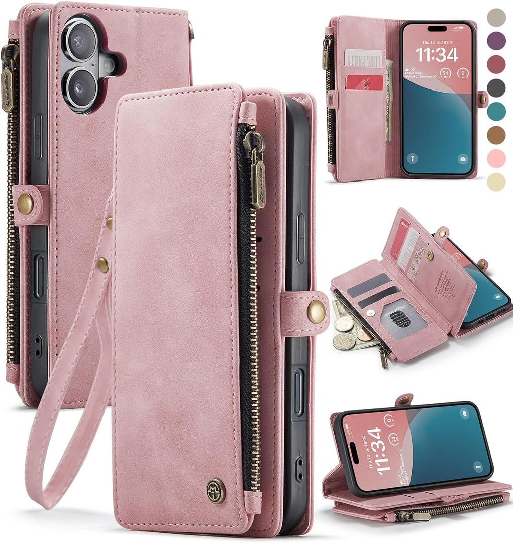 Defencase Compatible with iPhone 16 Case Wallet with RFID Blocking Card Holder for Women and Men, Fashion PU Leather Magnetic Snap Flip Zipper Strap Wallet Phone Case for iPhone 16 6.1", Rose Pink