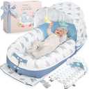 JollyBoo® Deluxe Infant Lounger Pillow - Baby Lounger 0-24 Months | Bamboo-Cotton Portable Baby Nest with Foldable Sunshade & 2 Plush Toys | Soft, Breathable Mesh for Cool, Safe Rest (Blue Elephant)