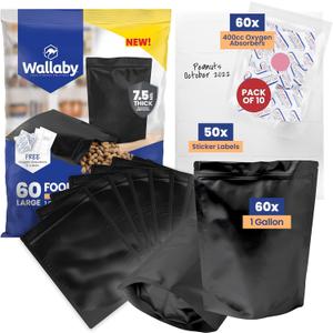 Wallaby 60 Count 1-Gallon Gusset Mylar Bags with 400cc Oxygen Absorbers, 15 Mil Total Thicker Long-Term Food Storage Pouches, 10x14 Stand-Up Resealable Heat-Sealable Airtight Packaging - Matte Black (1-Gallon 60 Pack, Matte Black)