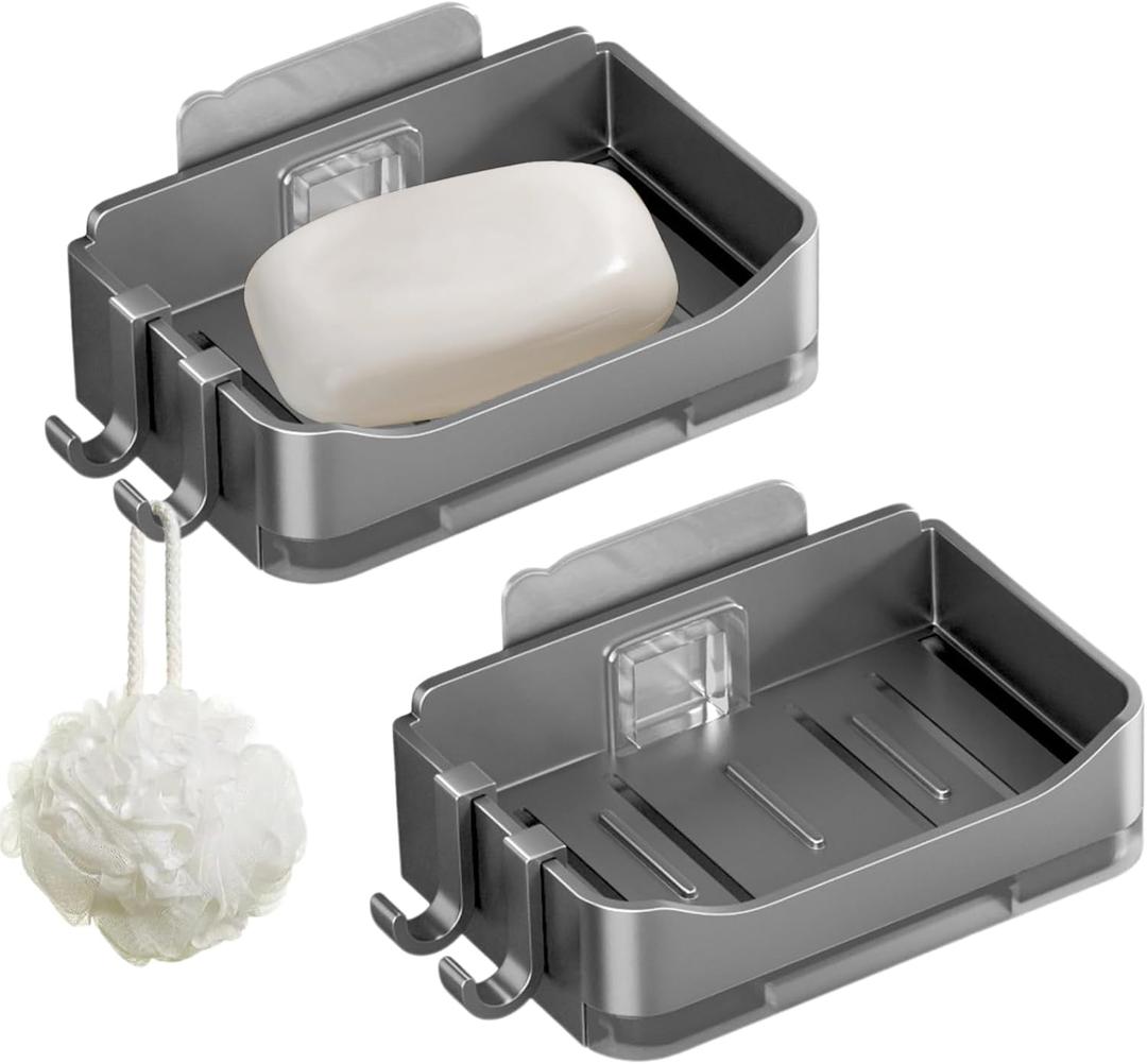 Soap Holder Shower,Bar Soap Holder for Shower, Soap Dishes for Bar Soap,2 Pack Black with 4 Hooks,Nail-Free Sticker Included