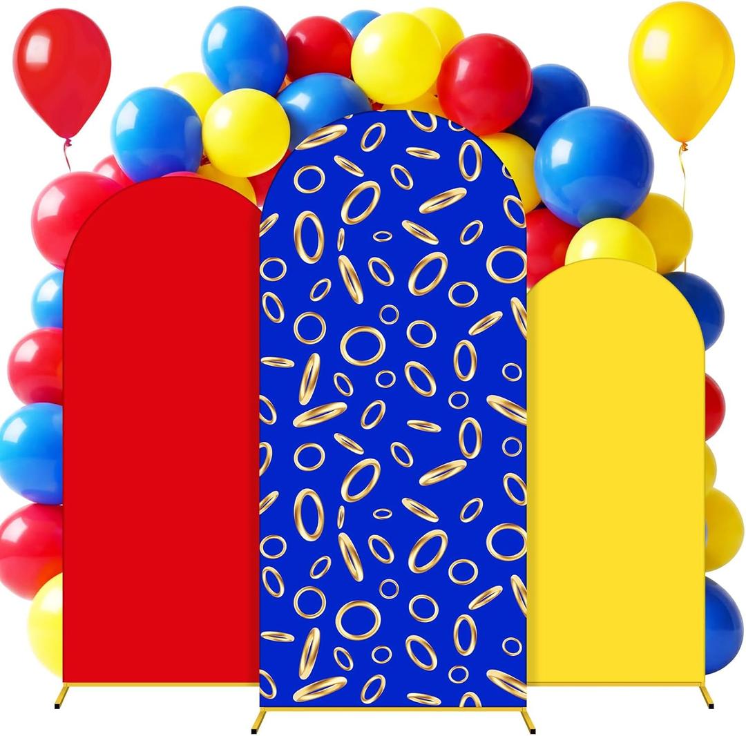 Tingjoo 3 Pcs Blue and Gold Ring Arch Backdrop Cover Set 4ft 5ft 6ft Video Game Birthday Party Decorations Polyester Arch Stand Cover for Photo Props Cosplay Backdrop Decor