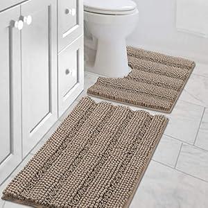 H.VERSAILTEX Bathroom Rugs Bath Rug Set 2 Piece Bathroom Contour Rug Toilet Mat Sets Non Slip Contour Bath Rug Ultra Thick Water Absorbent Striped Bath Mats, (20" x 32" Plus 20" x 20" U, Taupe Brown)