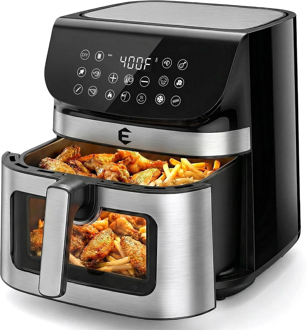 9.5Qt Large Air Fryer Oven, 12 Digital Preset Airfryer Toaster Oven Combo with Touchscreen, Non Toxic Stainless Steel Air Fryer with Viewing Window, XL Capacity Basket Style Airfryer for Family, Black, 9.5 Quart