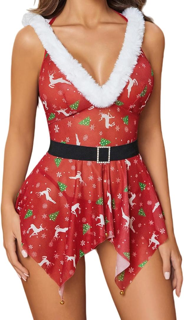 Avidlove Lingerie for Women Christmas Babydoll Lingeries Mesh Santa Belts Outfit Hooded V Neck Chemise Set Sexy Sleepwear (Small, Chirstmas Reindeer)