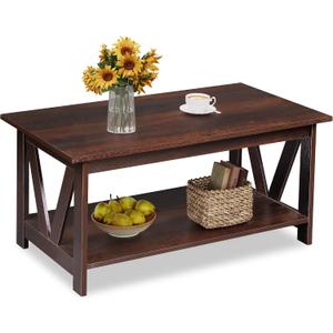 WLIVE Coffee Table with Storage Shelf, 39.4" Farmhouse Coffee Table with V-Frame Support, 2-Tier Wood Rustic Center Table for Living Room, Bedroom & Balcony, Espresso, 39.4in