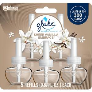 Glade PlugIns Refills Air Freshener, Scented and Essential Oils for Home and Bathroom, Sheer Vanilla Embrace, 3.35 Fl Oz, 5 Count