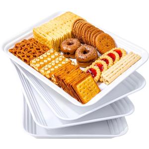 SUT 4-Pack Plastic Large White Serving Trays Set - 16" x 11" Reusable Serving Platters for Cookie, Appetizer, Charcuterie, Snack, Dessert, Party Food Display - Stackable Serving Trays for Party