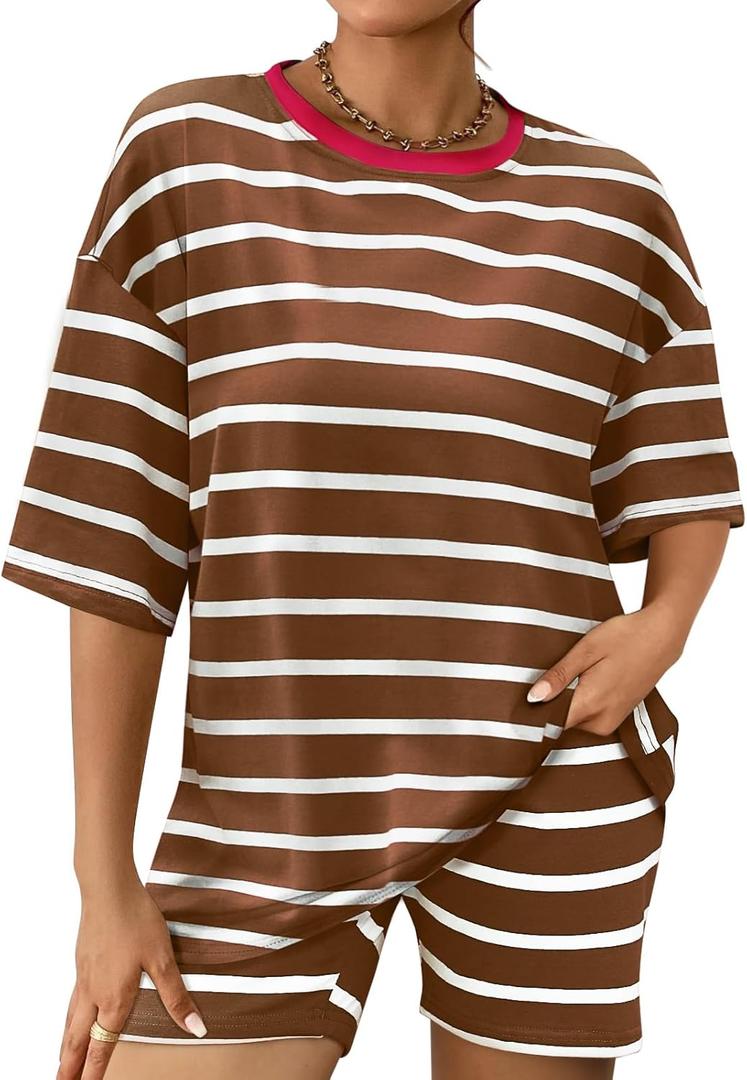 Shorts Sets Women Striped Outfits Oversized T Shirts 2025 Striped Lounge Wear Summer Outfits Tracksuit (Brown, L)