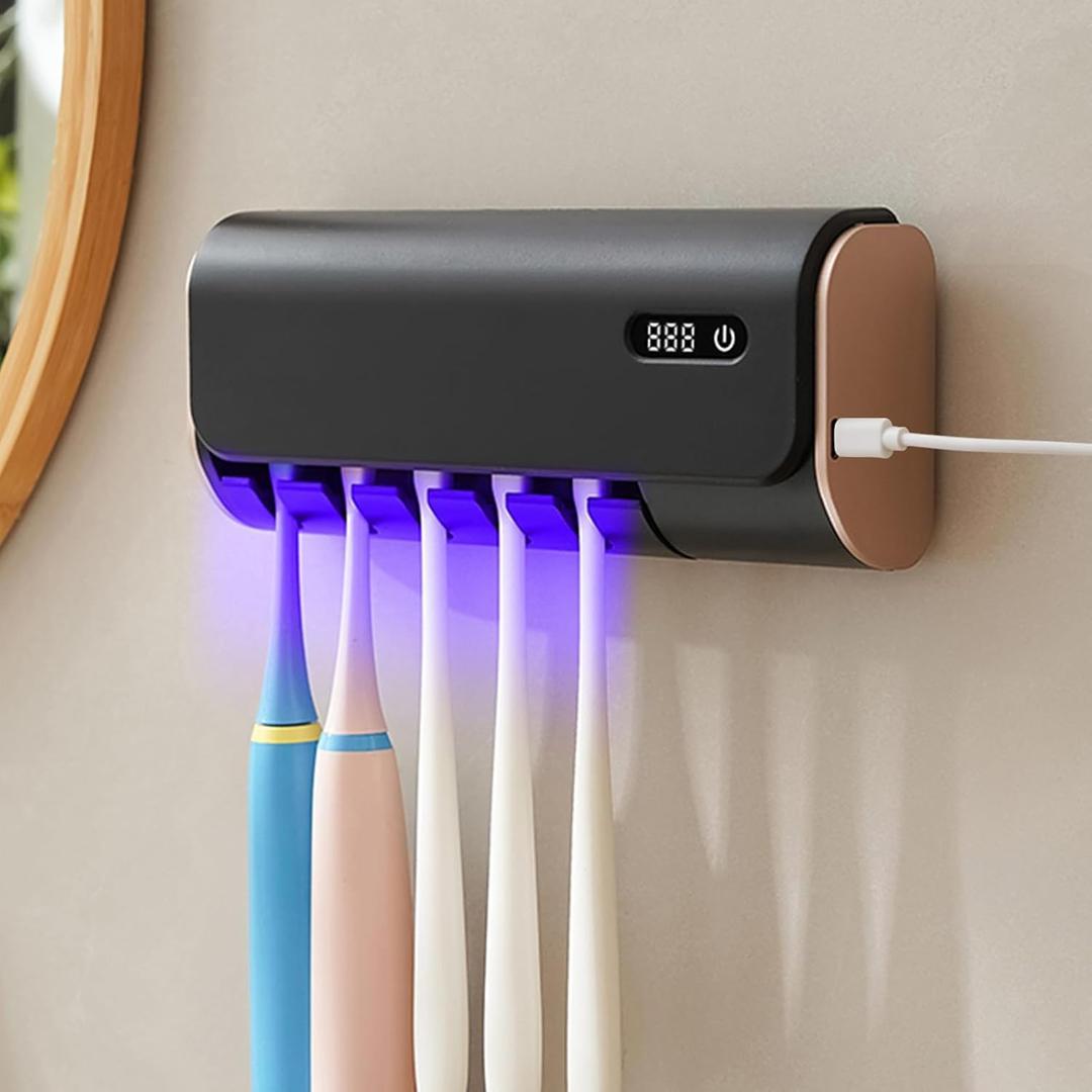 Toothbrush Holder for Bathrooms, Timer Function & 5 Toothbrush Slots Rechargeable Cordless Wall-Mounted Toothbrush Holder with Drying Functions, No Drilling(Black)