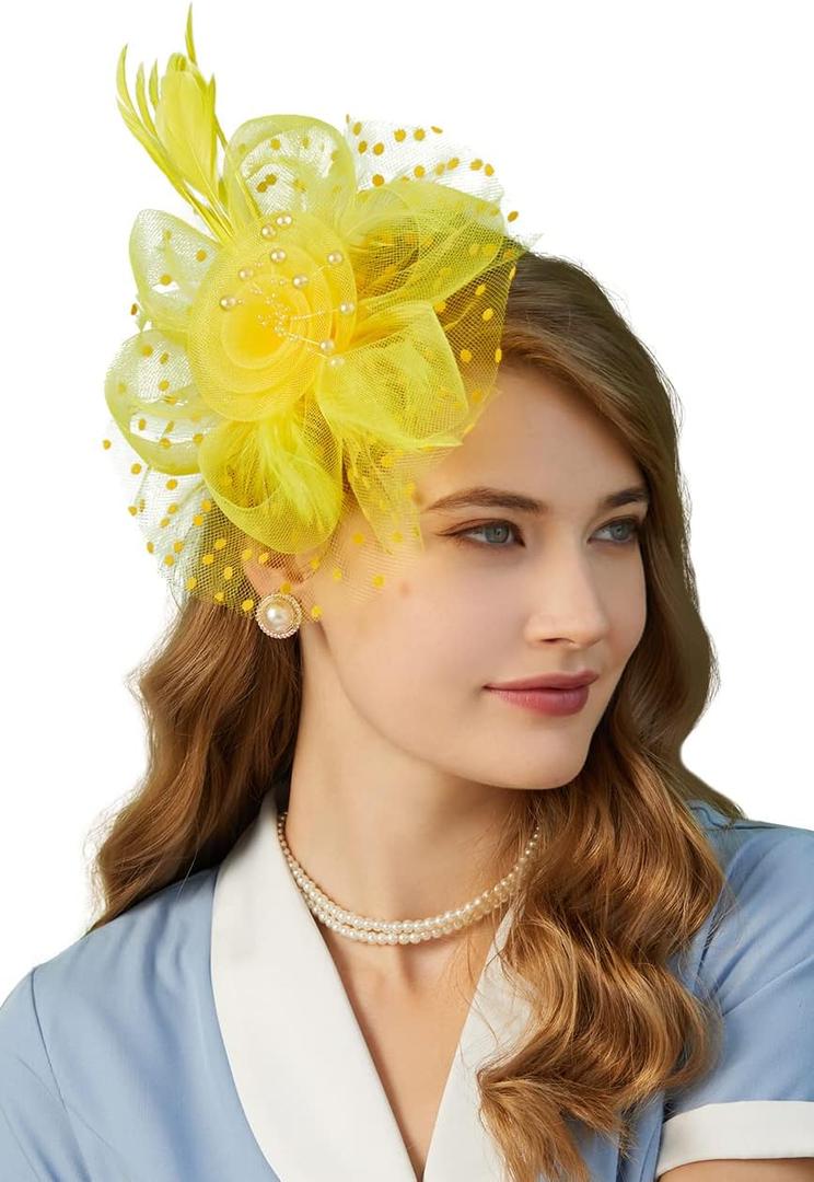 Cizoe Fascinators Hat for Women Tea Party Headband Kentucky Derby Wedding Flower Cocktail Mesh Feathers Hair Clip (1-yellow)