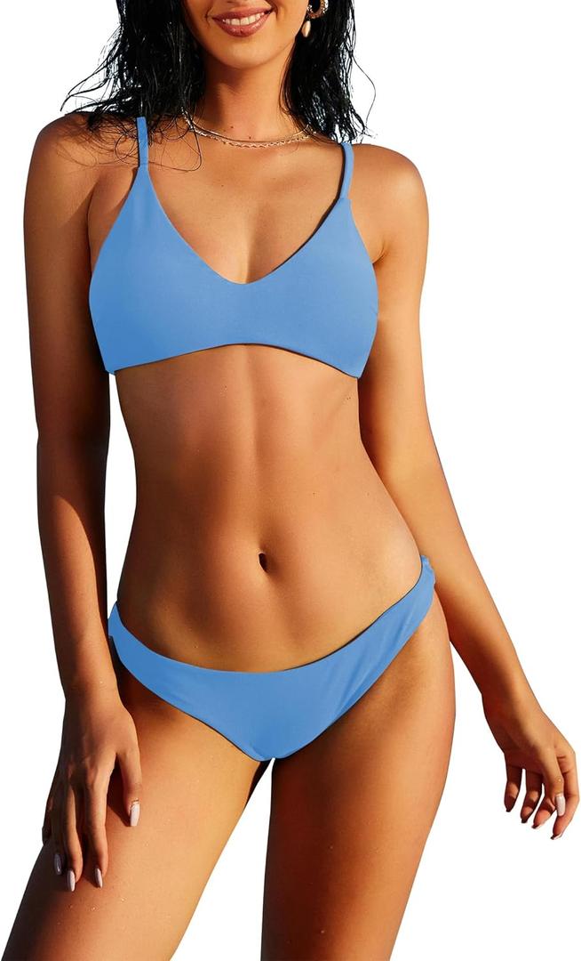 ZAFUL Women's Solid Spaghetti Strap Bralette Bikini Set Two Piece Swimsuit (1-haze Blue) S