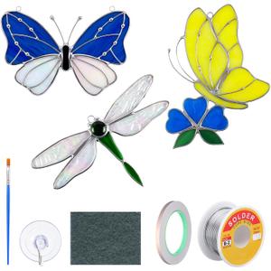 LemonRoad 3 Sets Unfinished Garden Insect Pre-Cut Stained Glass DIY Stained Glass Craft Kit with Solder Wire, Flux Brush for Adult Make Your Own Beautiful Art Handcrafts for Women Gifts Home Decor