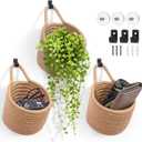 Fabric Wall Hanging Baskets - 3Pack Woven Pouchs Boho Style Wall Mounted Bag with Adhesive Hooks, Storage Organizers and Decoration Pocket Caddy Bins on Door Rack (Linen & Black, Large)