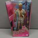 Barbie The Movie Ken Doll Wearing Pastel Pink and Green Striped Beach Matching Set with Surfboard and White Sneakers