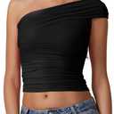 QINSEN Womens Sleeveless Foldover Top Double Lined One Shoulder T Shirts Summer Trendy Going Out Crop Tops (Medium, Black)