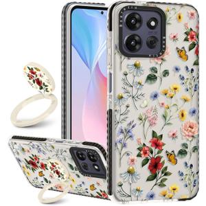 Boaretiu for Motorola Moto G Power/Play 2025 Case - with Stand Cute Kawaii Fashion 360 Rotate Ring Holder Kickstand Purple Flower for Women Girls Boys Teens Girly Case for Moto G Power/Play 2025