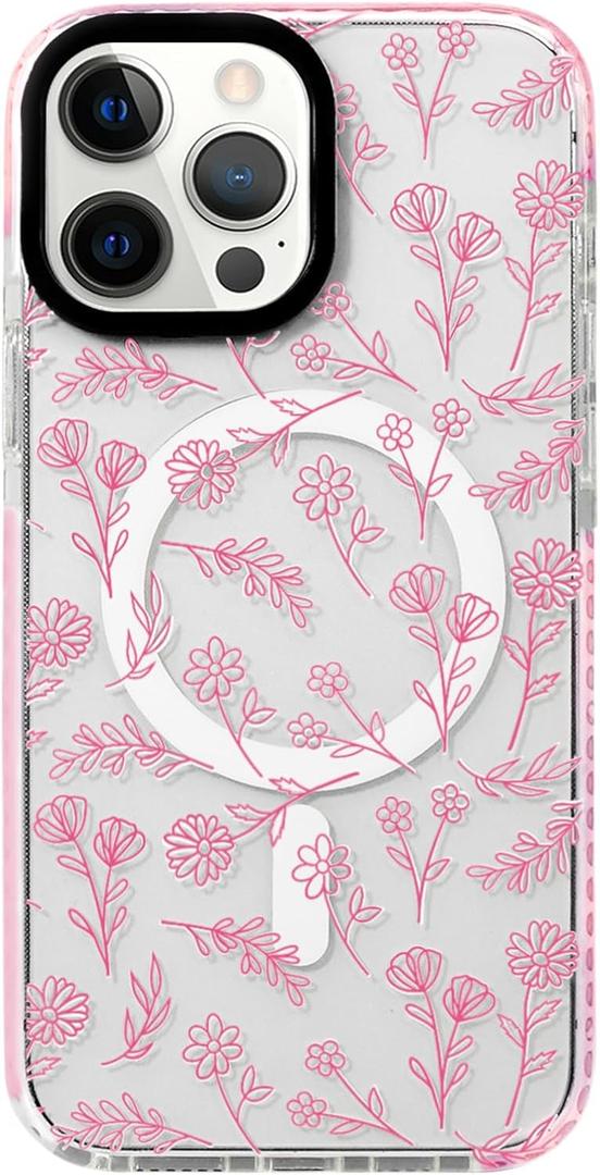 NITITOP Compatible with iPhone 15 Pro Max Magnetic Case [Compatible with Magsafe] Cute Clear for Women Girls Flower Floral Ultra Slim with Bumper Soft TPU Anti-Yellow Protective Cover - Clear Pink
