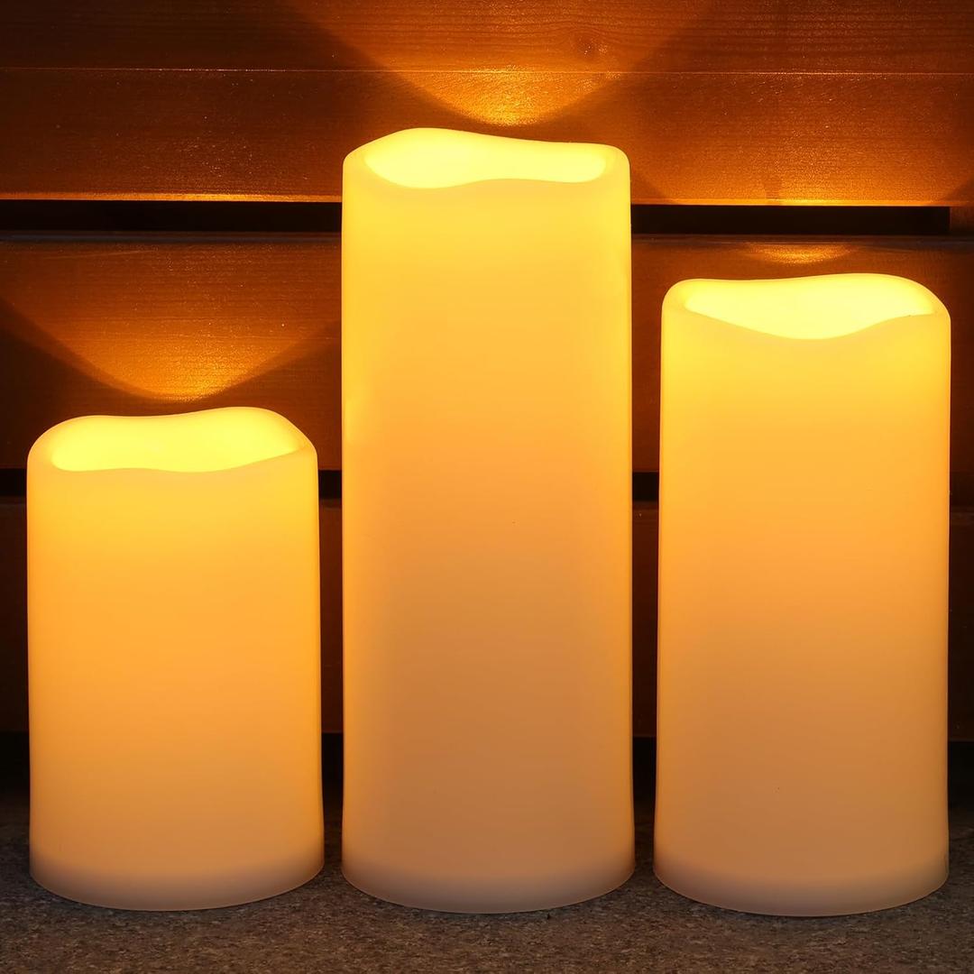 NURADA Large Outdoor Solar Candles Waterproof - 6" 8" 10" x 4" Rechargeable Solar Powered Flameless LED Pillar Flickering Candle for Patio Porch Lanterns Decor - Ivory Set of 3