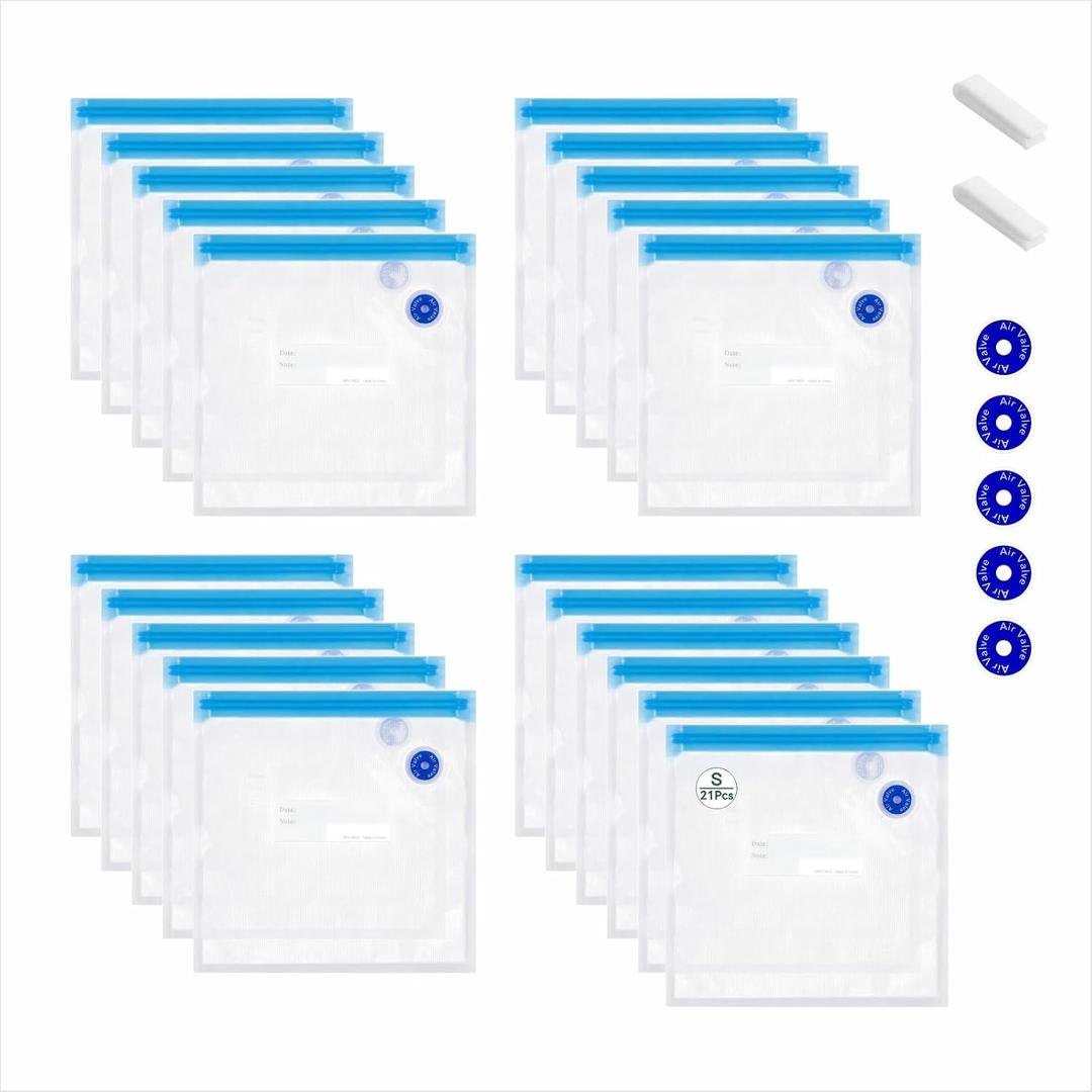 21 Pcs Reusable Vacuum Sealer Bags(8.5 * 8.5in), BPA Free Sous Vide Bag, with Sealing Clips & Leak-Proof Design for Sous Vide Cooking, Freezer, Microwave Heating