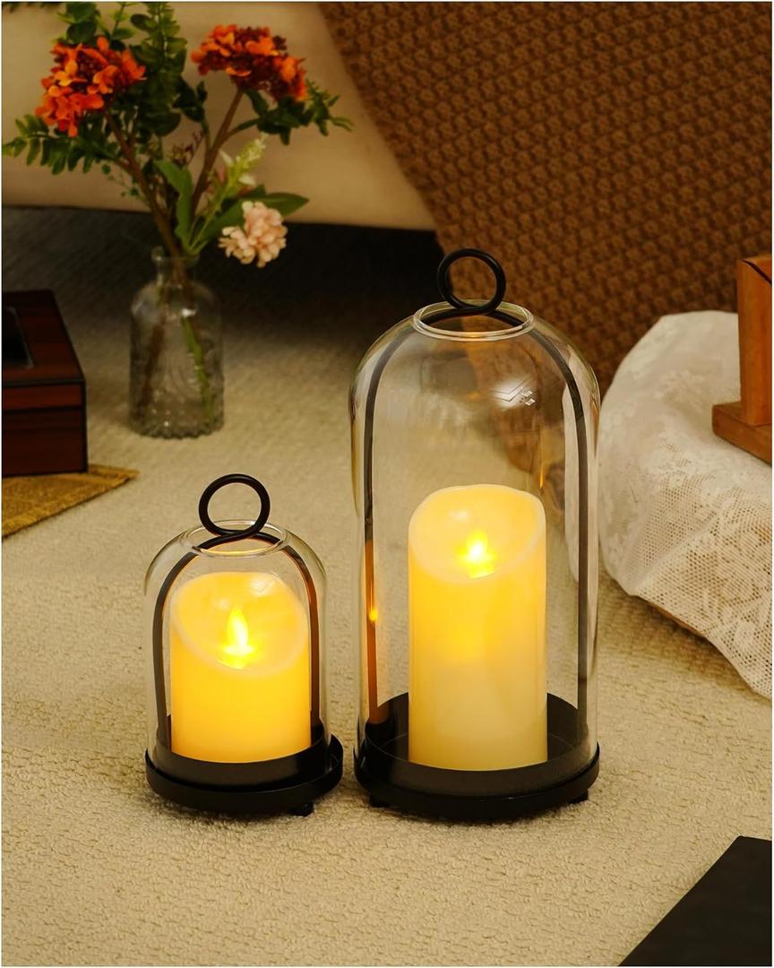 Glass Hurricane Candle Holders for Pillar Candles, Set of 2 (5" & 4" Wide) with Sturdy Glass Dome & Brass Base for Farmhouse, Shabby Chic Vintage Decor (Matte Black)