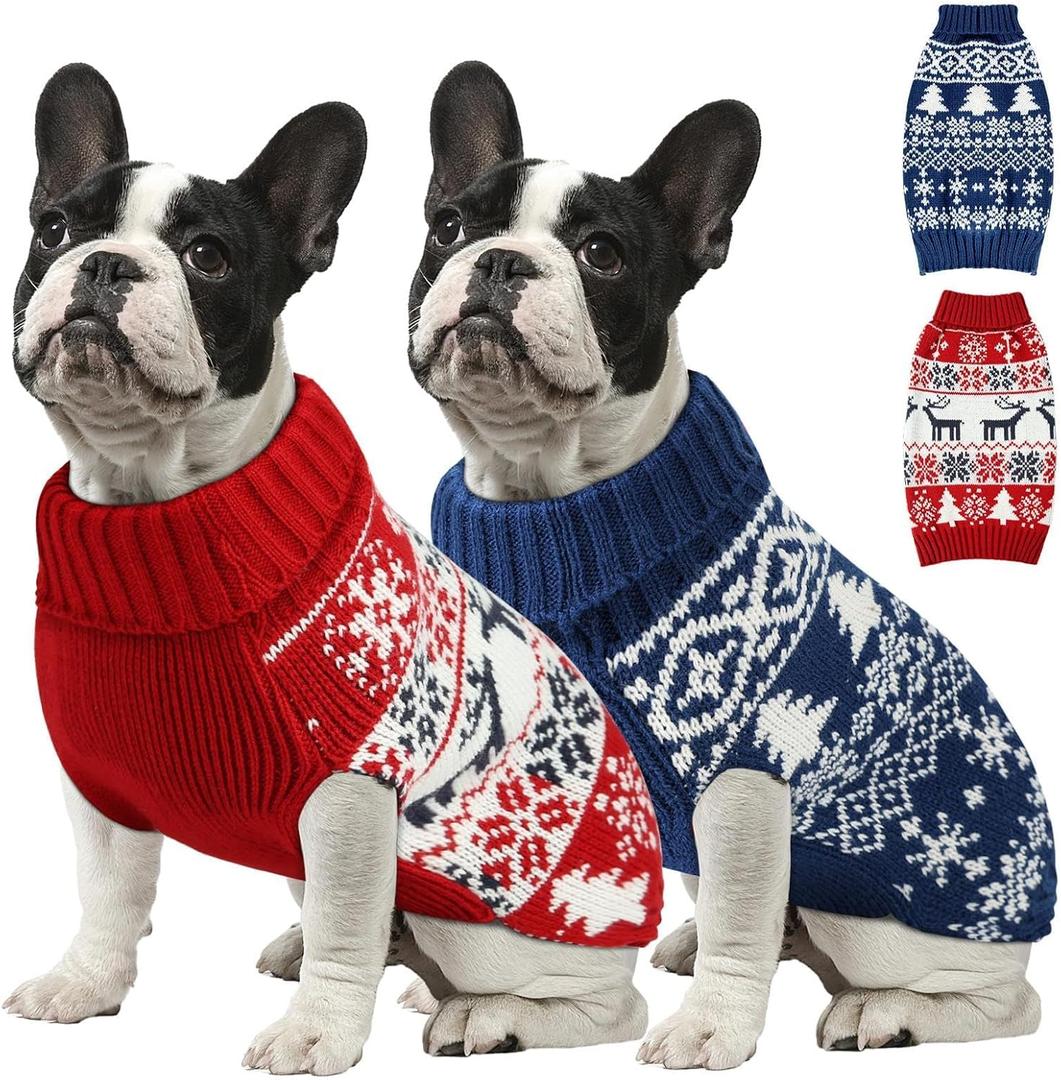 Christmas Dog Sweaters for Small Medium Large Dogs Girl, Soft Warm Pup Dogs Shirt, Turtleneck Double Knitting Collar for Outdoors Playing, Warm Dog Cat Clothes (Red+Blue,XX-Small)