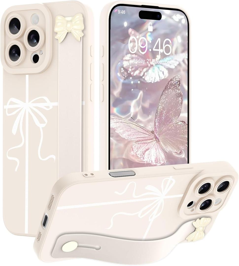 SOKAD Ribbon Bow Phone Case for iPhone 16 Pro Max with Wrist Strap Kickstand, Aesthetic Cute Bowknot Design with Wristband for Girls Women, Slim Soft Silicone Camera Protection Cover Case, White
