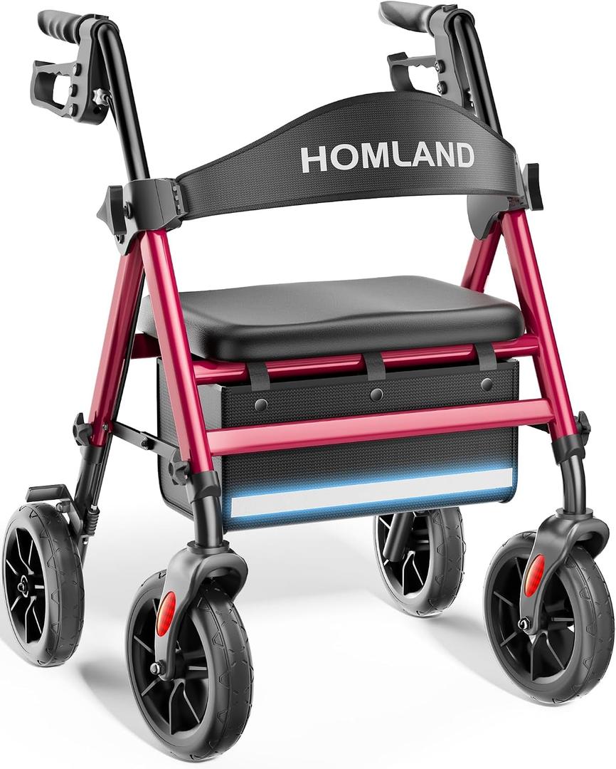 HOMLAND Foldable Walker for Seniors with Seat, 17lb Lightweight, Ergonomic | 350lb Capacity, 8" All-Terrain Wheels, Adjustable Height, Easy to Assemble, Ergonomic Seat, Lightweight Aluminum Frame, Red