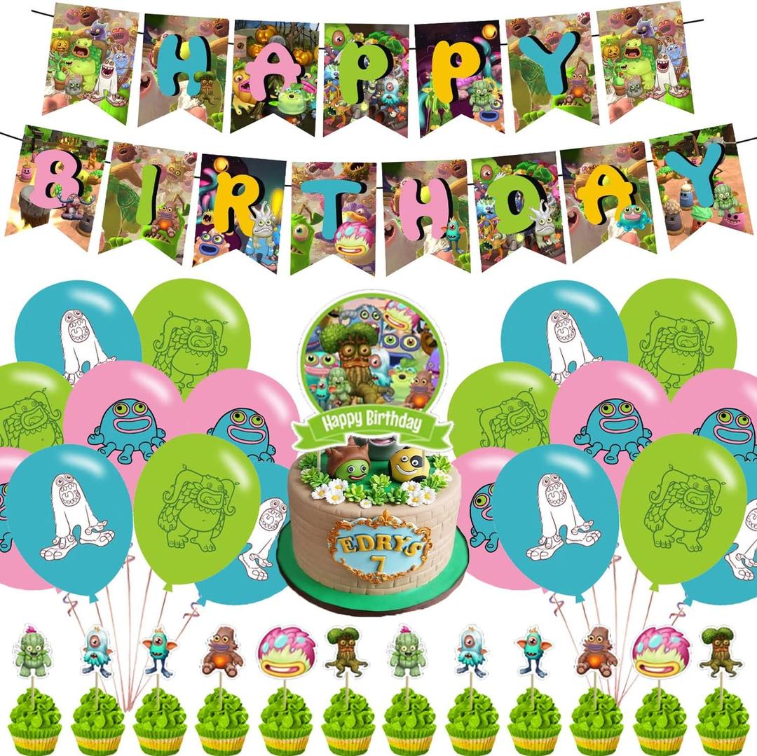 Singing Monsters Happy Birthday Decorations - Monster Theme Party Supplies with Banner, Cupcake Toppers, Balloons, Favors