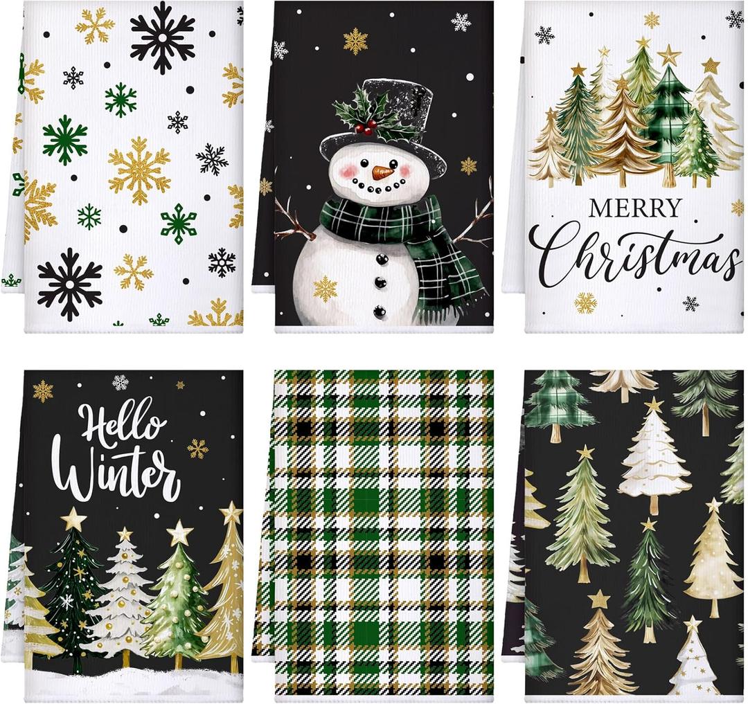 Geyoga 6 Pcs Christmas Kitchen Towels Christmas Tree Snowman Snowflakes Dish Hand Towels Xmas Winter Holiday Soft Absorbent Tea Dishcloths for Housewarming Gift (Black and Green)