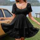 Florboom Women's Sweetheart Neckline Chiffon Dress Boho Smocked Tiered Flutter Sleeve Layered Mini Dresses (S)