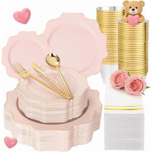 WDF 350Pcs Pink Plastic Plates - Pink and Gold Disposable Plates 50Guest Plastic Dinnerware for Baby Shower/Birthday/Wedding/Easter