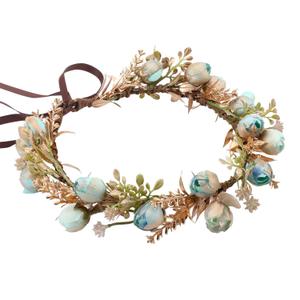 Women Vintange Flower Crown - Golden Leaf Blue Flower Headband Woodland Elven Headpiece for Bridal Maternity Wedding Vacation Party Festival Photo Props