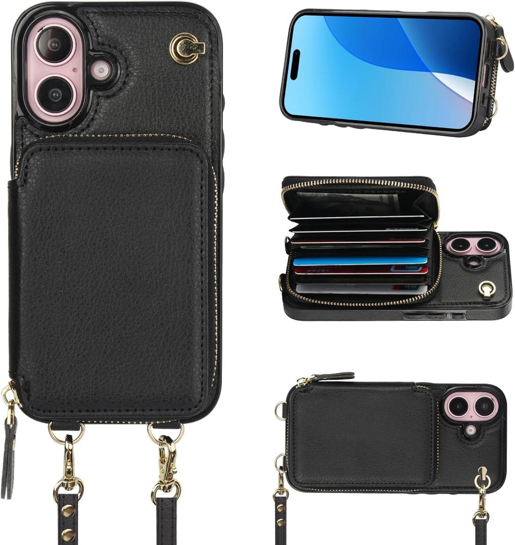 Bocasal Crossbody Wallet Case for iPhone 16, RFID Blocking Leather Purse Case with Card Holder, Protective Handbag Flip Cover with Zipper Wrist Strap Lanyard for Women 5G 6.1 Inch (Black)